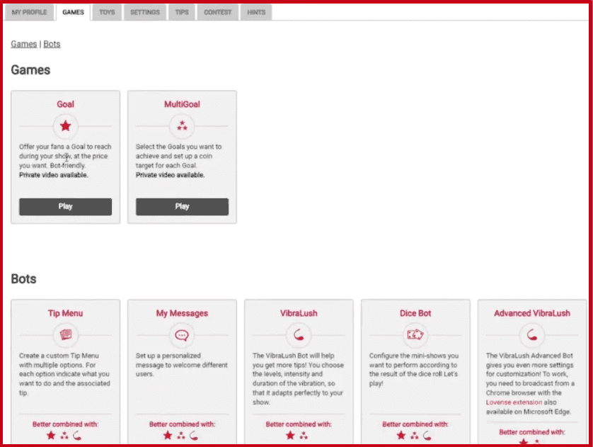 Sección de juegos con ajustes de chatbot