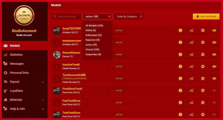 Configuración de la cuenta en LiveJasmin Studio Center